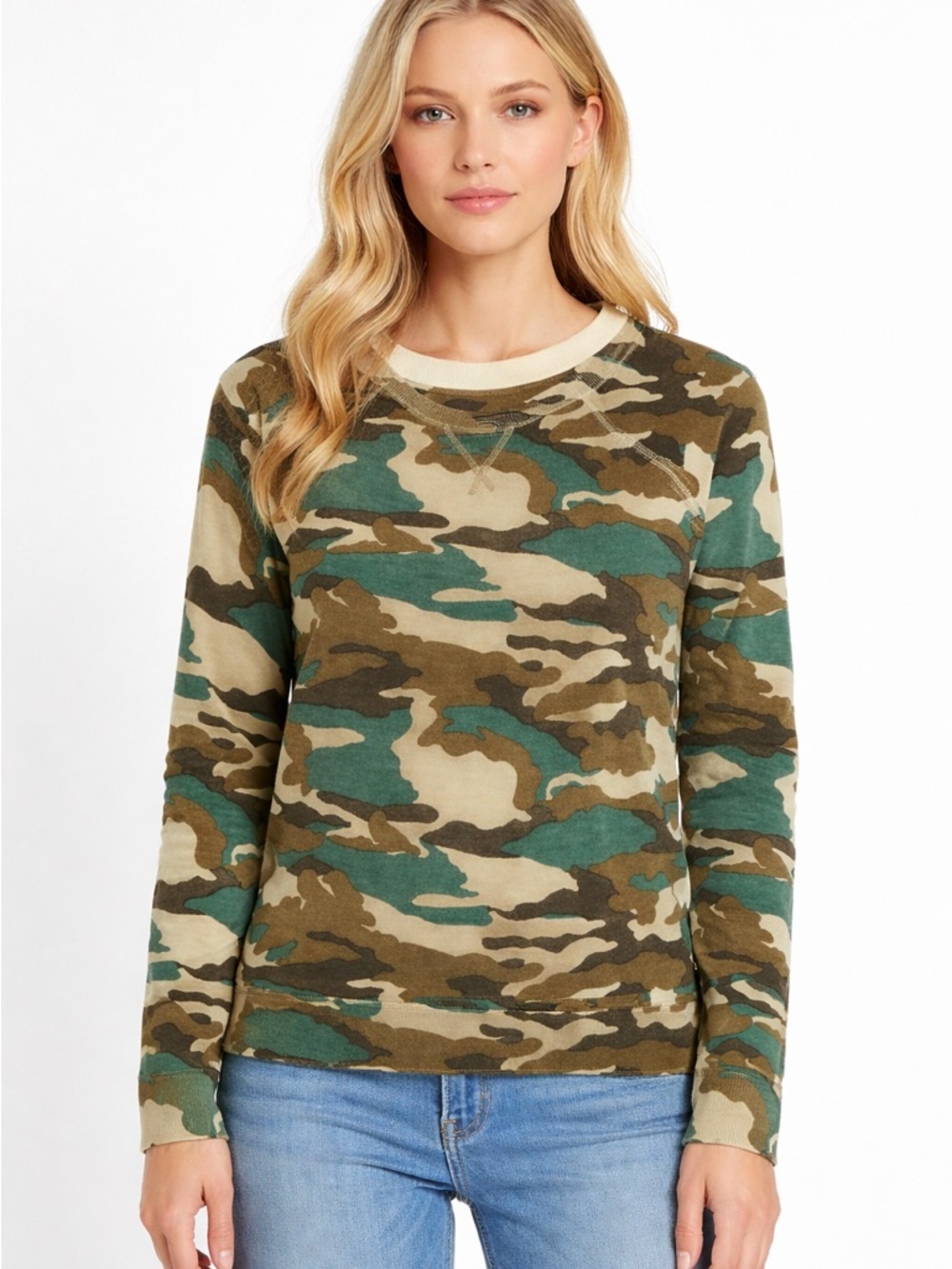 J.Crew Camo Sweatshirt Sweater womens Size XS 100% merino wool Crewneck NWT